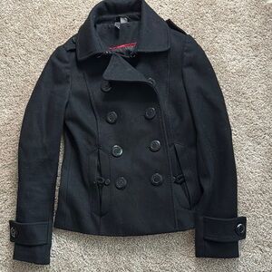 Divided Black Peacoat with Wide Lapel and Structured Shoulders